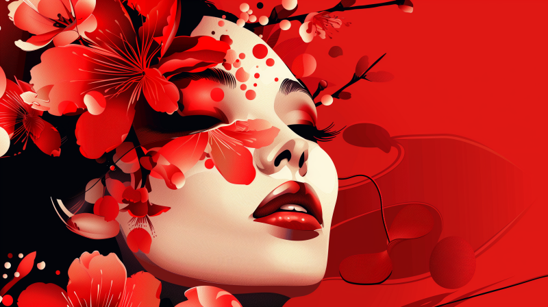 Artistic illustration of a woman's face surrounded by red floral elements, with a focus on her eyes, nose, and lips, conveying a sense of beauty and sensuality in a vibrant red color scheme.