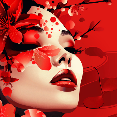 Artistic illustration of a woman's face surrounded by red floral elements, with a focus on her eyes, nose, and lips, conveying a sense of beauty and sensuality in a vibrant red color scheme.