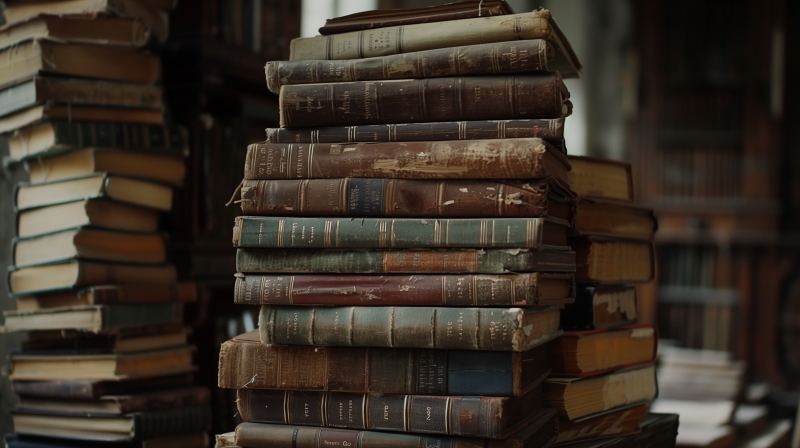 A stack of old, worn books with weathered bindings and faded titles.