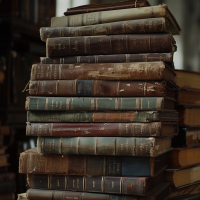 A stack of old, worn books with weathered bindings and faded titles.