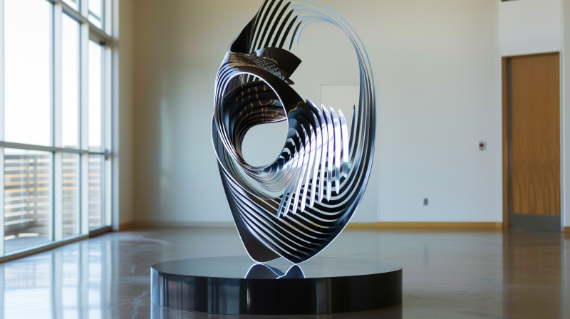 A modern black and white abstract sculpture with flowing, ribbon-like elements, displayed on a circular pedestal in a room with wooden flooring.