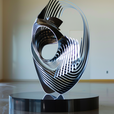 A modern black and white abstract sculpture with flowing, ribbon-like elements, displayed on a circular pedestal in a room with wooden flooring.