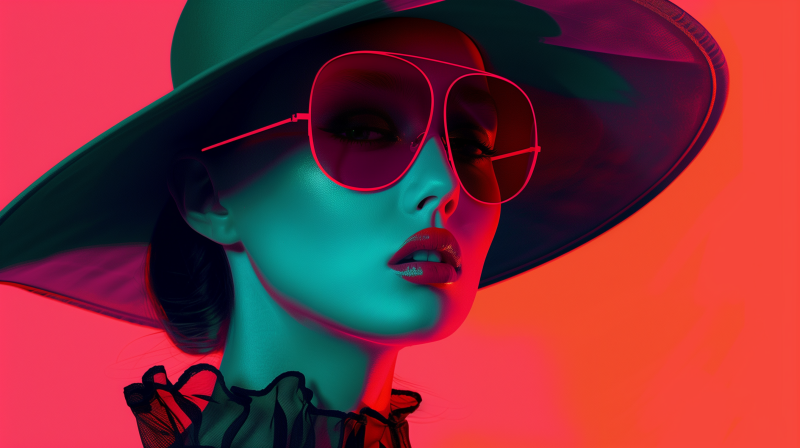 A stylized portrait of a woman with striking makeup, wearing large sunglasses and a wide-brimmed hat under moody red and blue lighting that creates an aesthetic vibe.