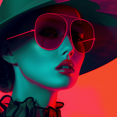 A stylized portrait of a woman with striking makeup, wearing large sunglasses and a wide-brimmed hat under moody red and blue lighting that creates an aesthetic vibe.