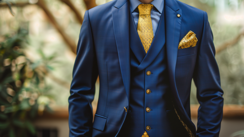 A person wearing a blue business suit with a patterned yellow tie and matching pocket square.