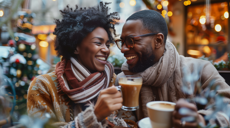 A cheerful couple enjoying coffee together in a coffee shop setting.