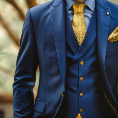 A person wearing a blue business suit with a patterned yellow tie and matching pocket square.