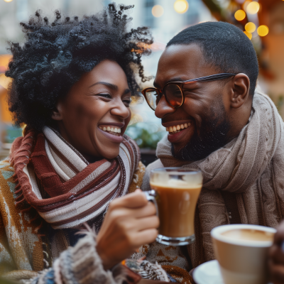 A cheerful couple enjoying coffee together in a coffee shop setting.