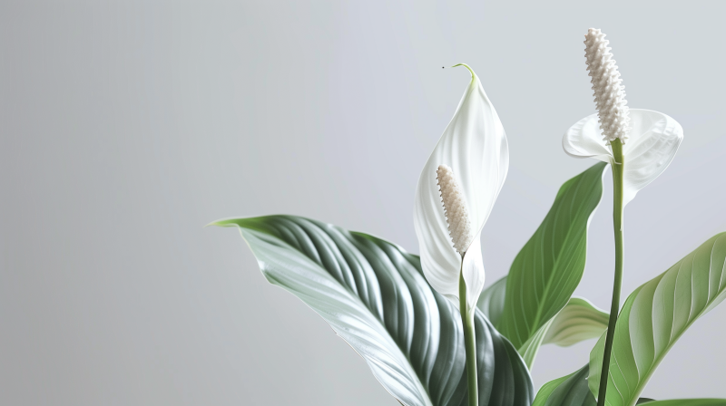 A Peace Lily plant with a white spathe and spadix against a soft grey background, accompanied by its glossy green leaves.