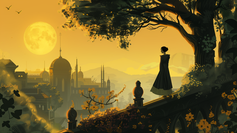 A woman in a dress stands on a balcony overlooking a fantastical city at sunset, with silhouettes of buildings and a tree branch framing the scene.