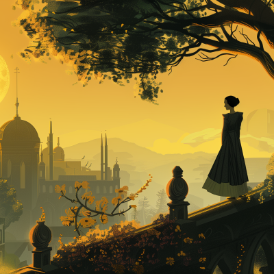 A woman in a dress stands on a balcony overlooking a fantastical city at sunset, with silhouettes of buildings and a tree branch framing the scene.