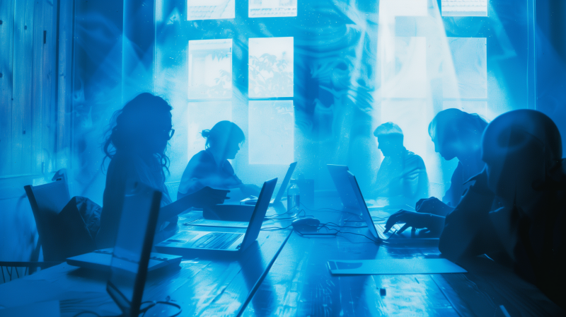 Silhouettes of people sitting around a conference table with laptops, illuminated in blue tones, suggesting a business meeting environment.