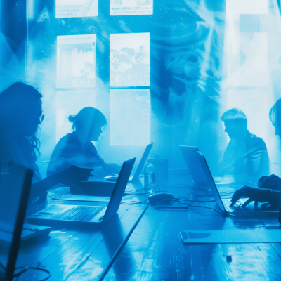 Silhouettes of people sitting around a conference table with laptops, illuminated in blue tones, suggesting a business meeting environment.