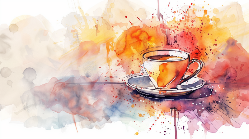 Illustration of a cup of coffee with vibrant watercolor splashes in red and orange tones.