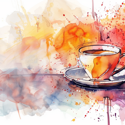 Illustration of a cup of coffee with vibrant watercolor splashes in red and orange tones.