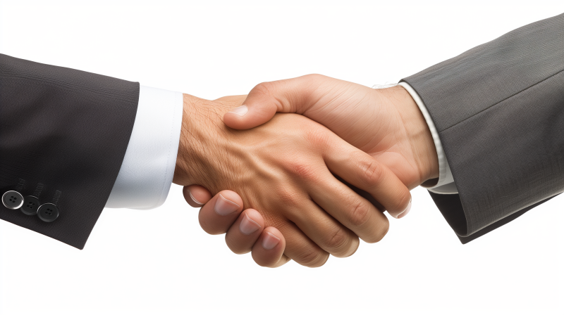 A close-up of a firm business handshake between two individuals wearing suit sleeves.