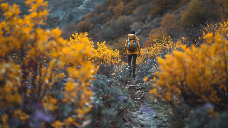 A person with a backpack walking on a hiking trail surrounded by vibrant autumn-colored foliage.