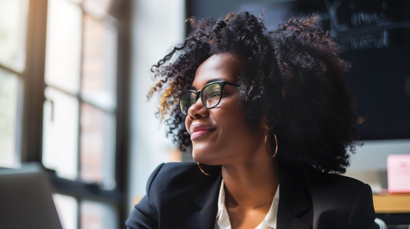 A smiling woman with curly hair wearing glasses and a business suit, looking off to the side in an office setting with natural light coming from a window.