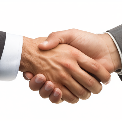 A close-up of a firm business handshake between two individuals wearing suit sleeves.