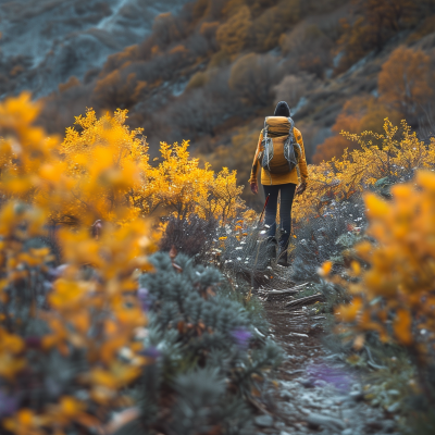 A person with a backpack walking on a hiking trail surrounded by vibrant autumn-colored foliage.