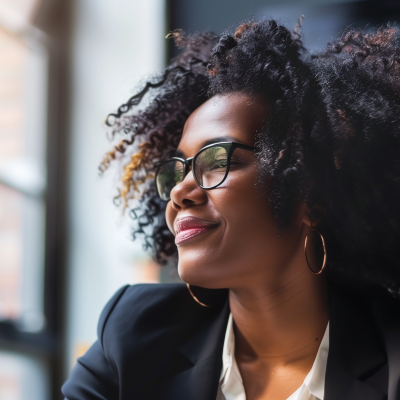 A smiling woman with curly hair wearing glasses and a business suit, looking off to the side in an office setting with natural light coming from a window.