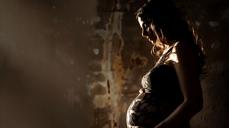 A pregnant woman in profile, illuminated by soft light, highlighting her baby bump.