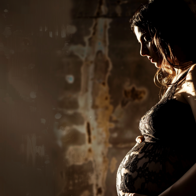 A pregnant woman in profile, illuminated by soft light, highlighting her baby bump.