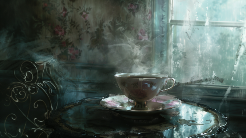 A steaming cup of coffee on a saucer placed on a reflective surface, with a softly lit, floral backdrop suggesting a cozy indoor setting.