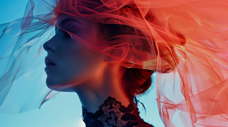 Profile of a woman with an ethereal red veil and lace detailing, creating a surreal and artistic portrait.