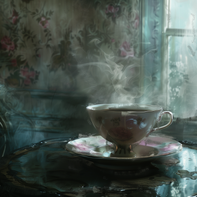 A steaming cup of coffee on a saucer placed on a reflective surface, with a softly lit, floral backdrop suggesting a cozy indoor setting.