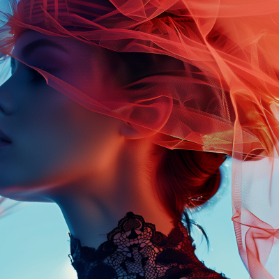 Profile of a woman with an ethereal red veil and lace detailing, creating a surreal and artistic portrait.