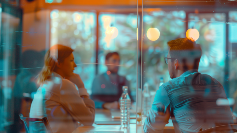 Professionals engaged in a business meeting in a conference room with visible bottled water and blurred background suggesting an office environment.