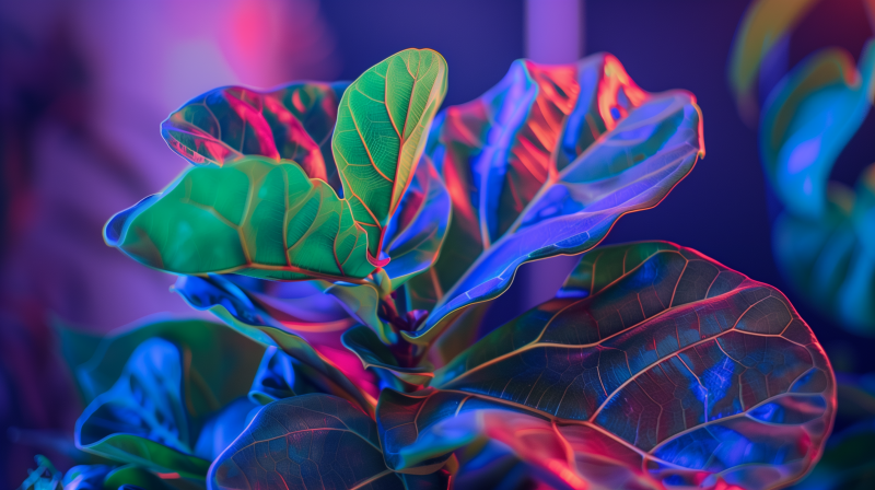 Colorful close-up of a fiddle leaf fig houseplant leaves with a vivid neon light effect.