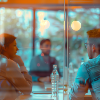 Professionals engaged in a business meeting in a conference room with visible bottled water and blurred background suggesting an office environment.