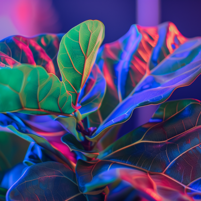 Colorful close-up of a fiddle leaf fig houseplant leaves with a vivid neon light effect.