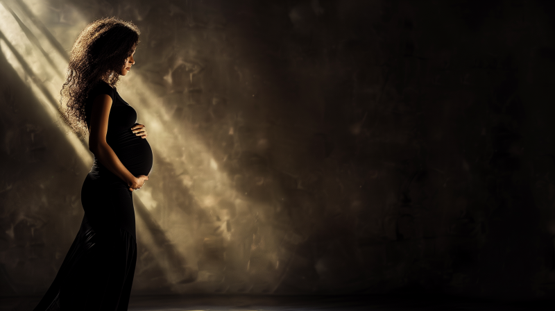 A pregnant woman in silhouette, cradling her belly, with a warm light highlighting her profile against a dark, textured background.