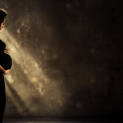 A pregnant woman in silhouette, cradling her belly, with a warm light highlighting her profile against a dark, textured background.