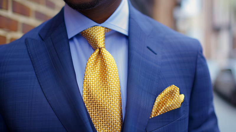 Close-up of a person wearing a blue business suit with a blue shirt and a coordinating yellow patterned tie and pocket square.