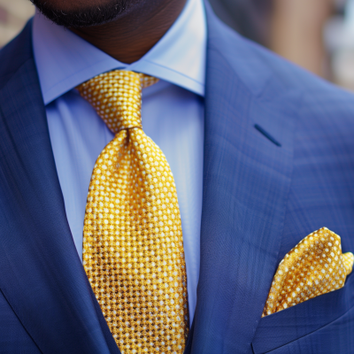 Close-up of a person wearing a blue business suit with a blue shirt and a coordinating yellow patterned tie and pocket square.