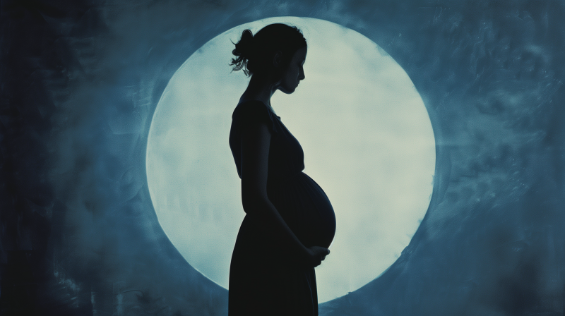 Silhouette of a pregnant woman in profile with a glowing full moon in the background.