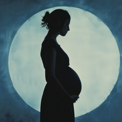 Silhouette of a pregnant woman in profile with a glowing full moon in the background.