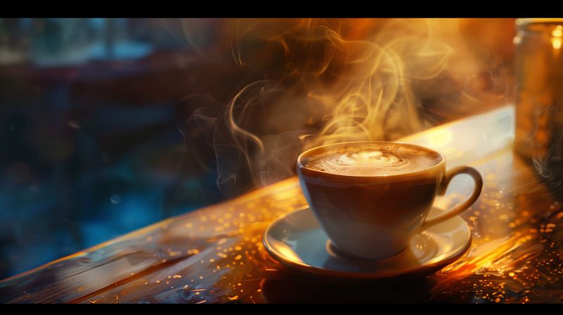 A steaming cup of coffee with a frothy design on top, placed on a saucer and a wooden surface illuminated by warm light.