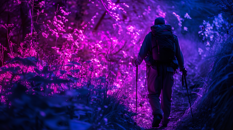 A person hiking on a trail surrounded by illuminated purple foliage.