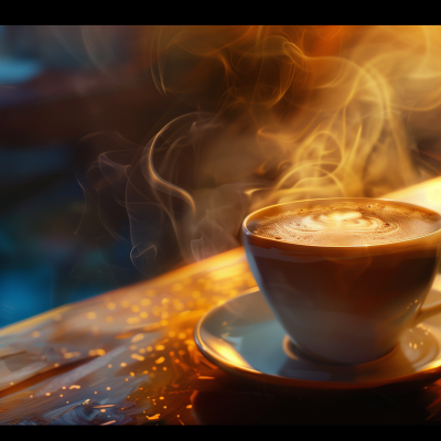 A steaming cup of coffee with a frothy design on top, placed on a saucer and a wooden surface illuminated by warm light.