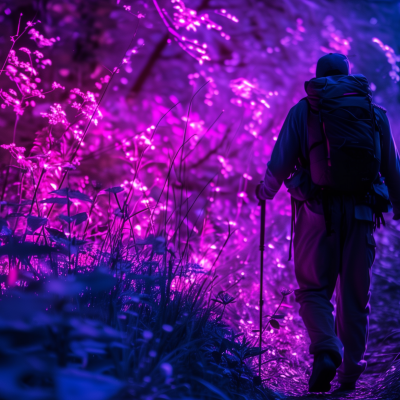 A person hiking on a trail surrounded by illuminated purple foliage.