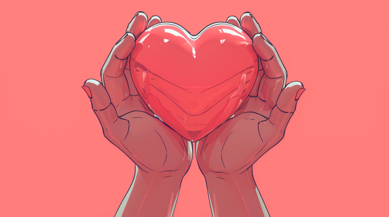 The image displays two hands cupped together holding a glossy, red heart against a soft pink background.