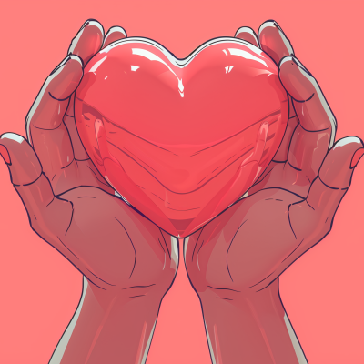 The image displays two hands cupped together holding a glossy, red heart against a soft pink background.