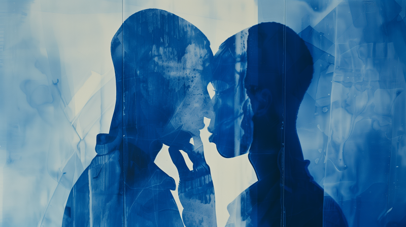 A silhouette of a couple about to kiss, creating a romantic and intimate atmosphere, depicted in a monochromatic blue tone.