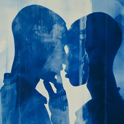 A silhouette of a couple about to kiss, creating a romantic and intimate atmosphere, depicted in a monochromatic blue tone.