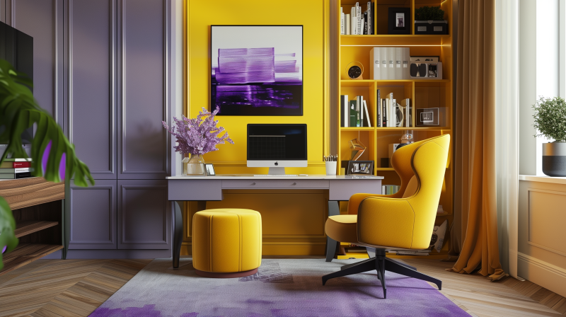 A modern home office with a yellow accent wall, featuring a sleek desk, desktop computer, comfortable chair, ottoman, and decorative shelving with books and ornaments.